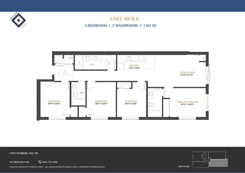 A floor plan for Unit 4B.F. shows a 4 bedroom, 1 2 washroom apartment sized at 1365 SqFt.